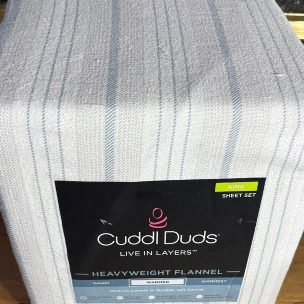 Cuddl Duds King Heavyweight Flannel Sheet Set Light Blue Striped Gift NEW